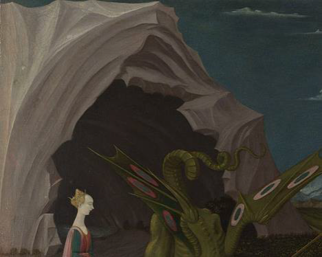 Sharp, pointed teeth of an opening of a dark cave in a pale gray color.