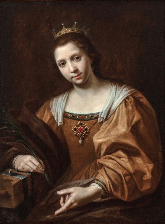 A crowned young woman with a brown dress holds a quill pen in her right hand and points at the bottom with her left hand, seated against a dark background.