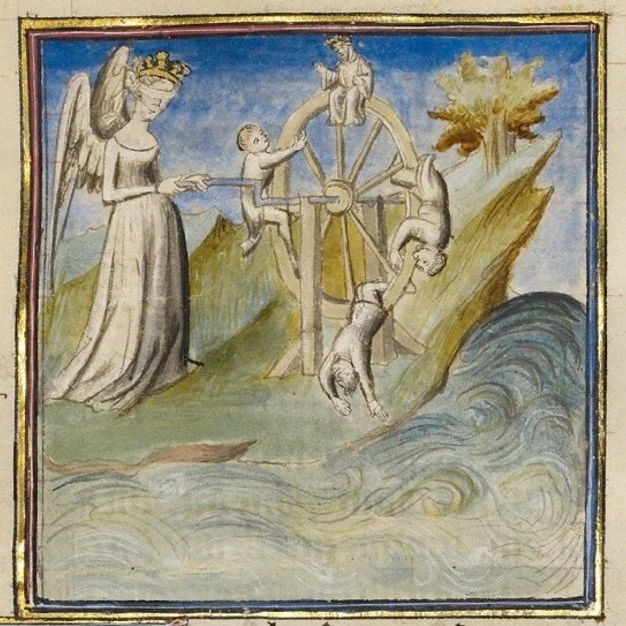 Blindfolded female figure near river rotates a wheel carrying several figures in changing positions