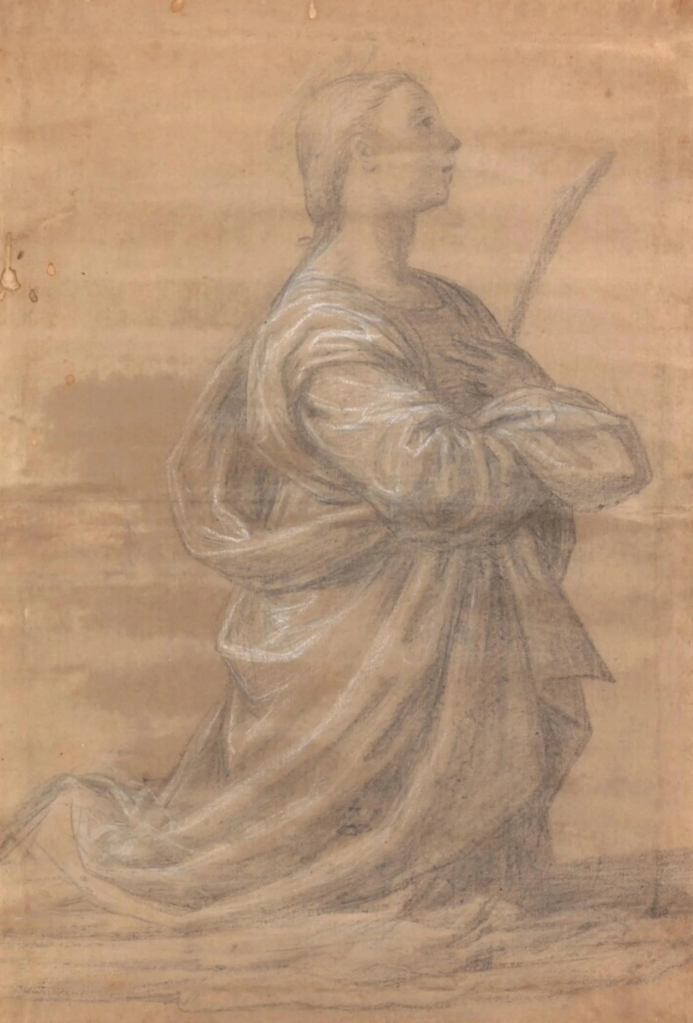 Drawing of a kneeling woman holding a palm frond.