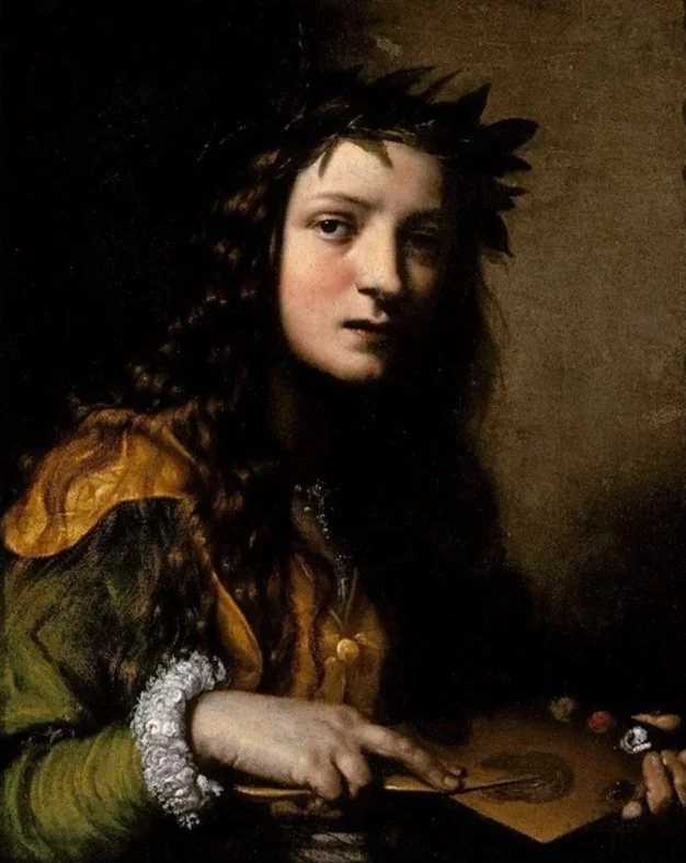 Female figure crowned with laurels holding a pallet and loading a brush with paint.