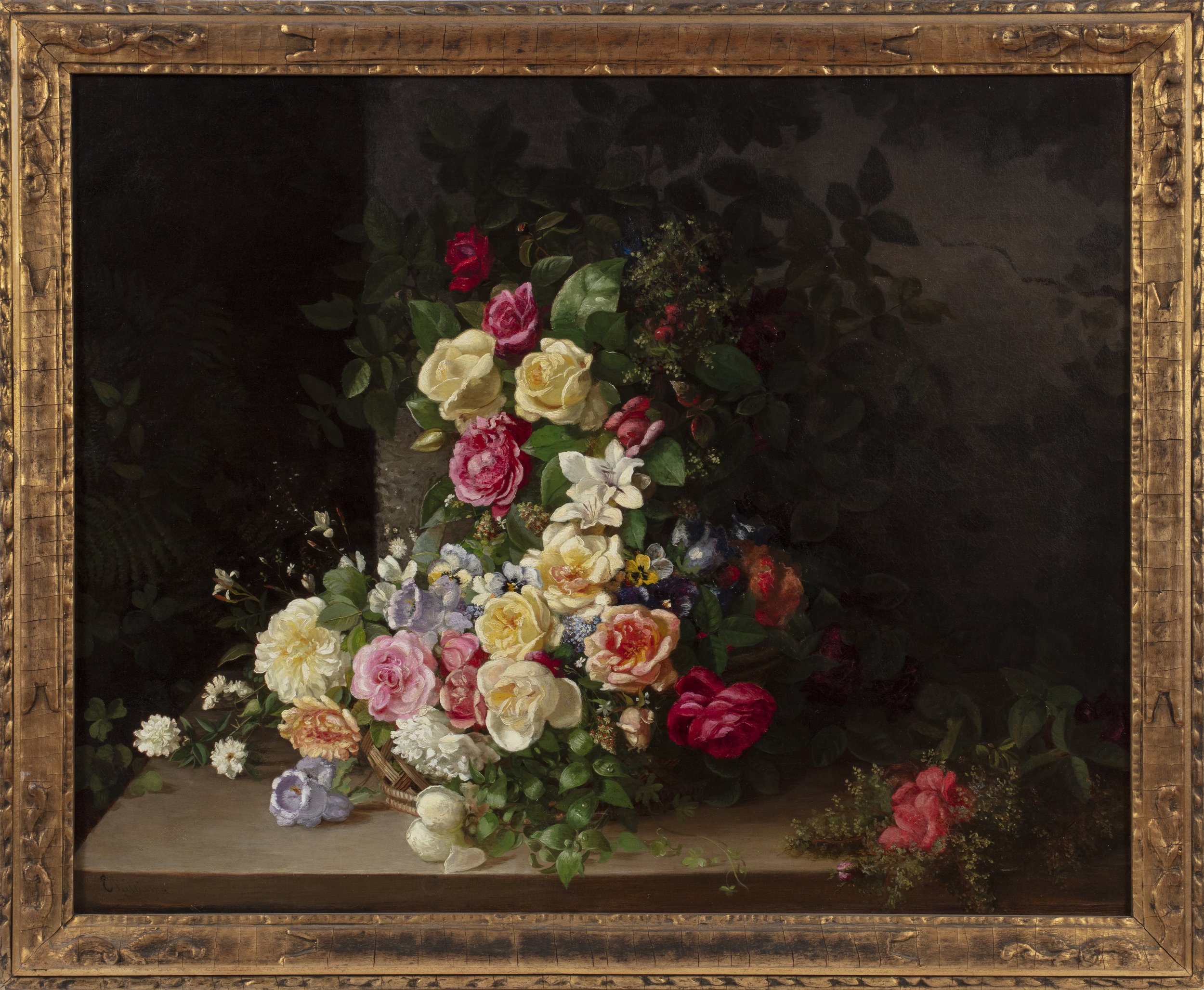 Framed still life painting of colorful flowers on a table against dark background