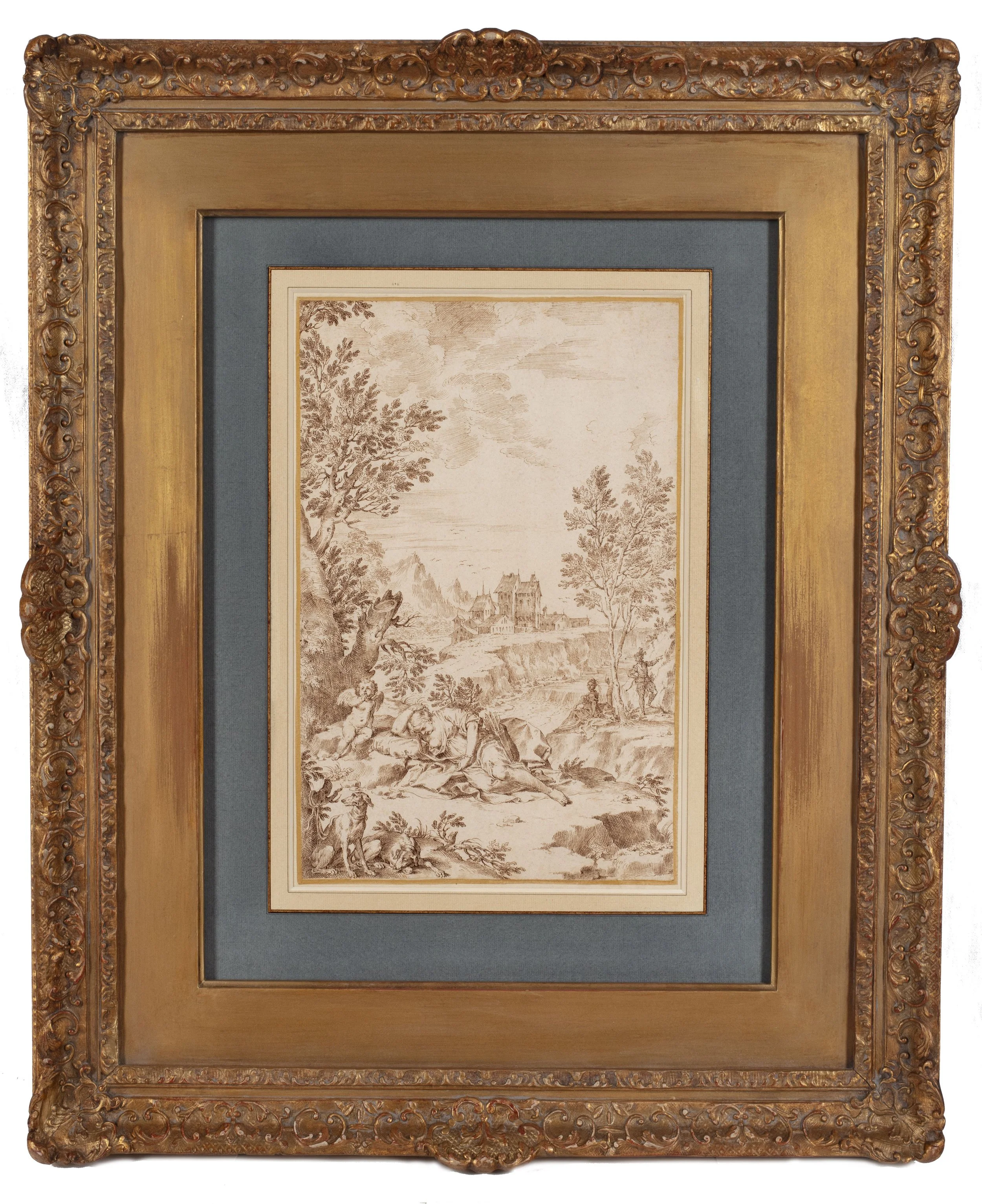 Framed image of a drawing of a landscape with a pale blue matte.