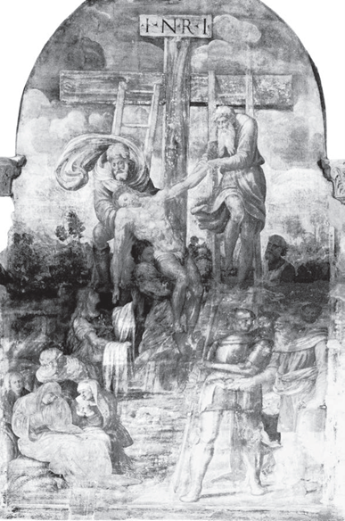 Crowd standing and weeping under a cross while two men taking down half naked Jesus