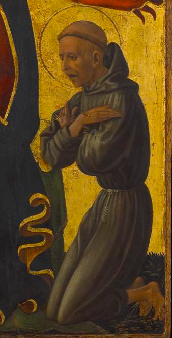 A haloed man in a dark robe kneels with his hands crossed in front of his chest.