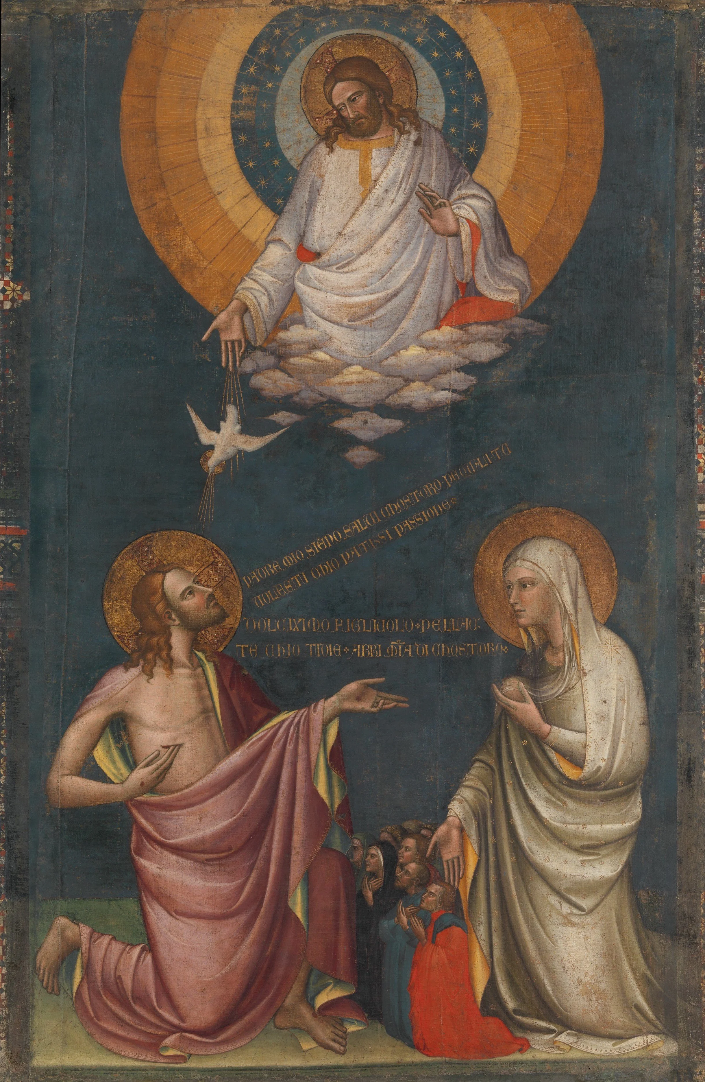 Christ and Virgin kneel in intercession before God and holy spirit as dove with a small group below