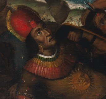 Fallen Inca protagonist wearing sun motif with human face in the center of his chest