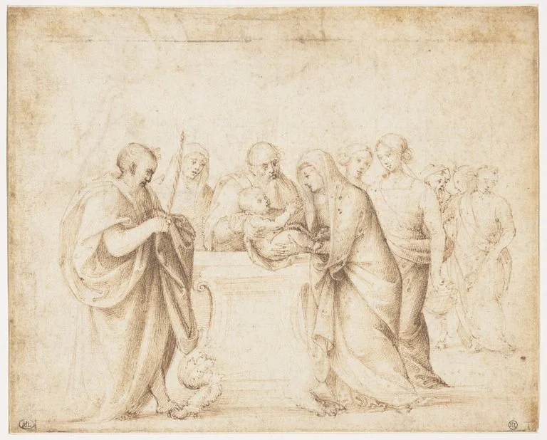 Priest presents the infant Christ at the Temple surrounded by Mary, Joseph, and attendants
