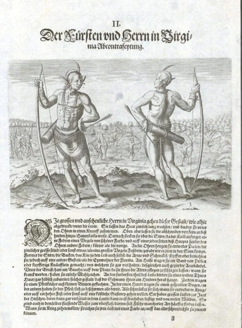Black and white image of front and back of a half naked male villager holding bow and arrows