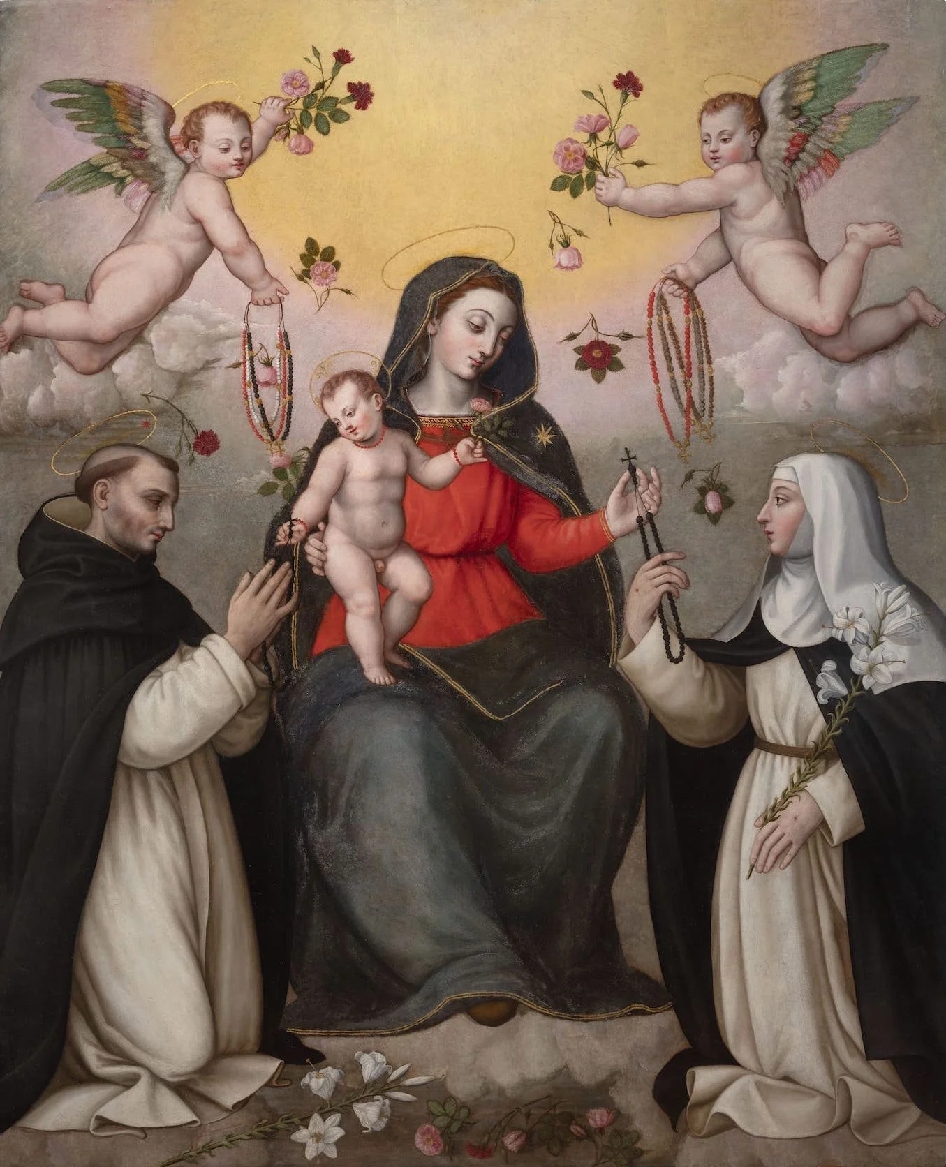 Mary and Child enthroned between kneeling saints, with angels holding rosaries and flowers above