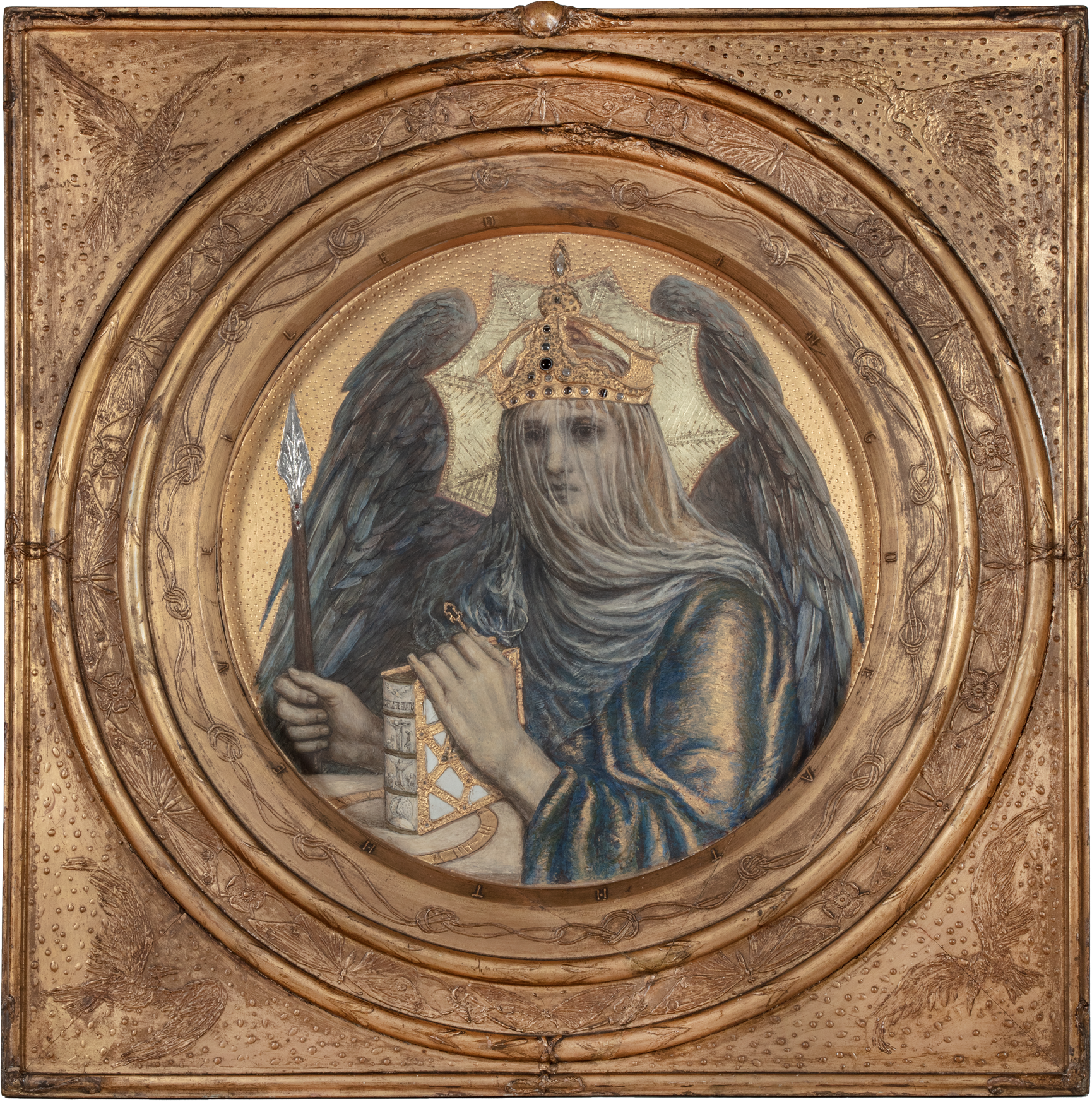 Square and intricate gold frame with a round reserve in which a crowned and winged figure looks to the left.