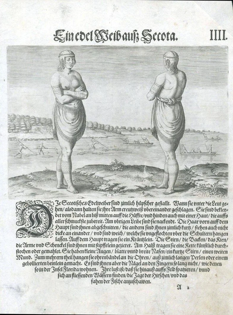 Black and white image of front and back of a female villager half naked