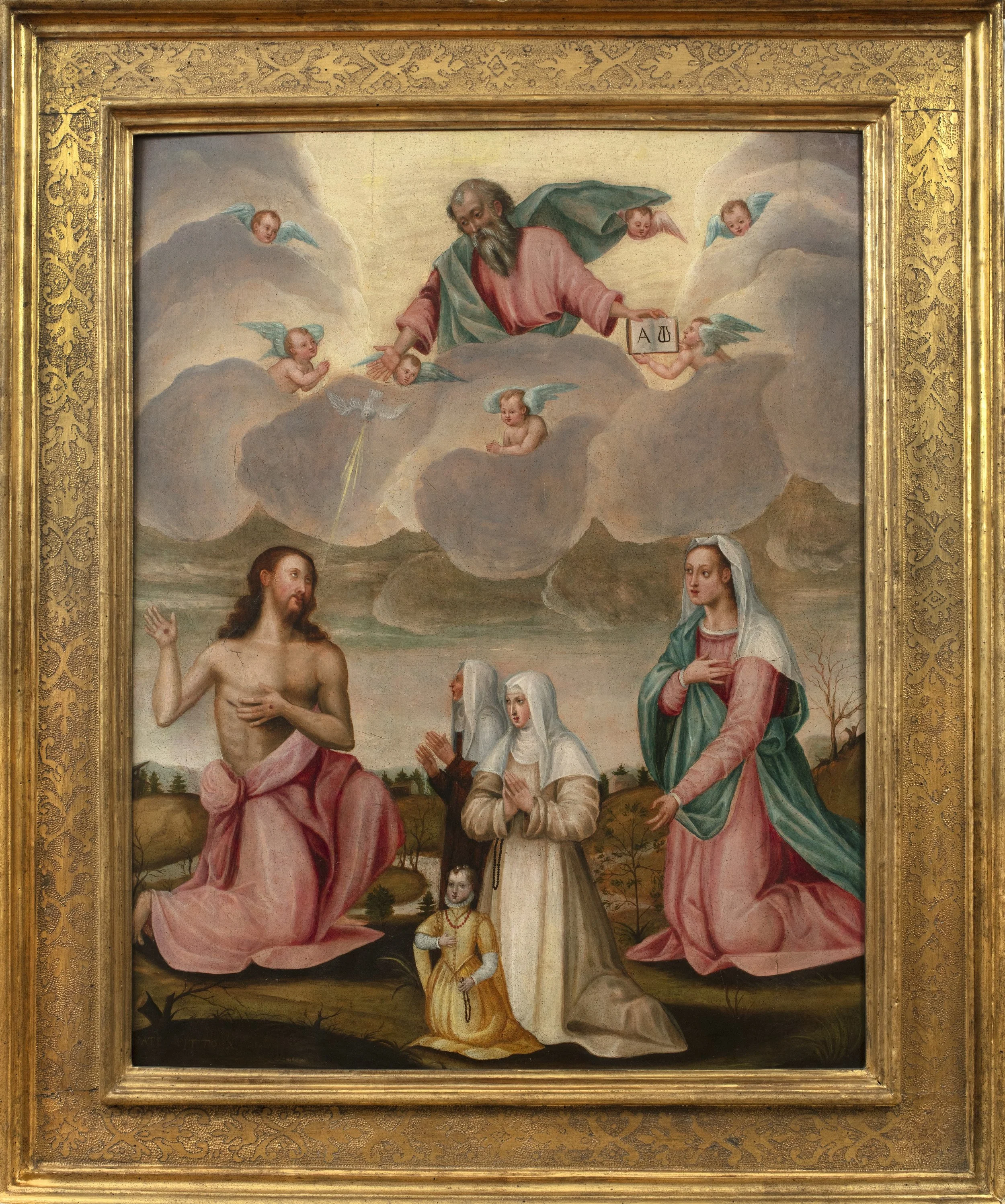 Christ and Virgin kneel beneath God and angels accompanied by nuns and a elegantly dressed little girl