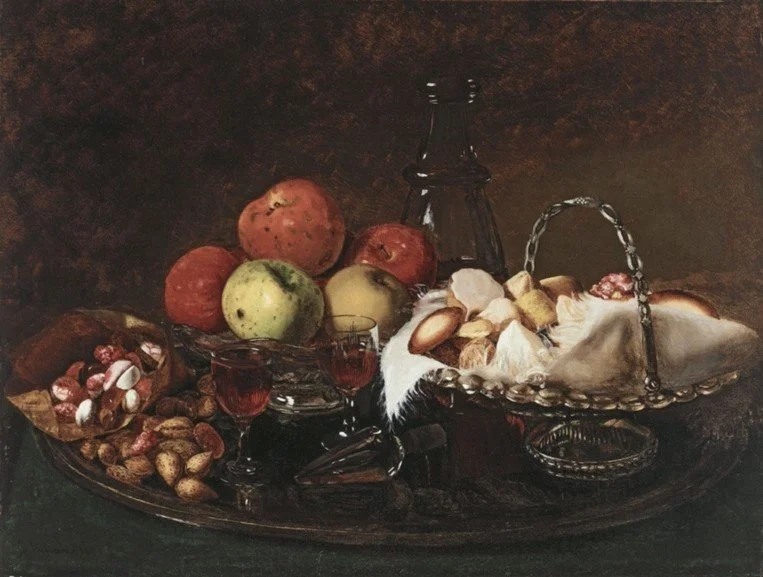 Still life with fruit, sweets, and nuts in basket and glassware and wine on table against dark background