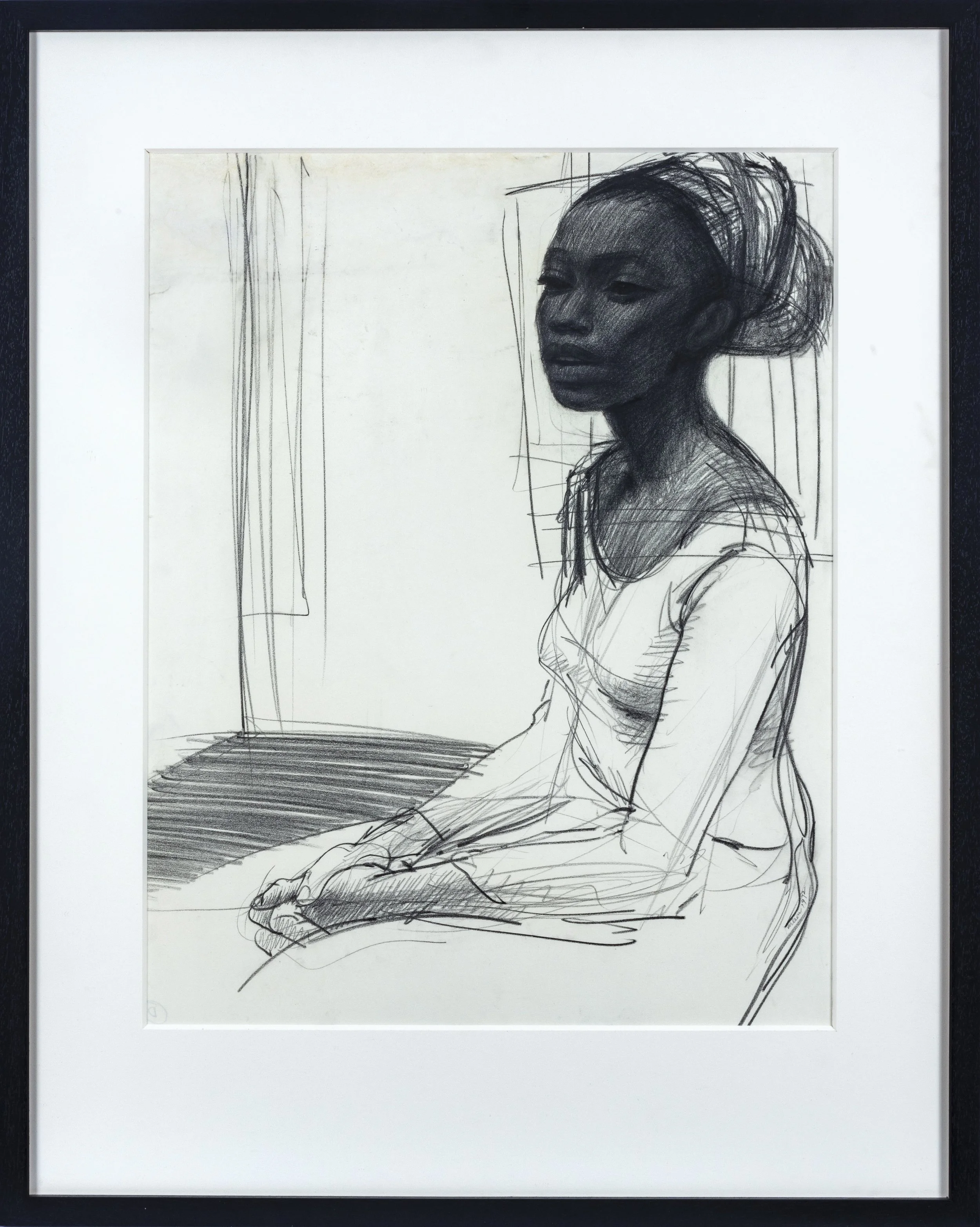 Sketch of a black woman seated wearing dress and hair wrap with fingers interlocked