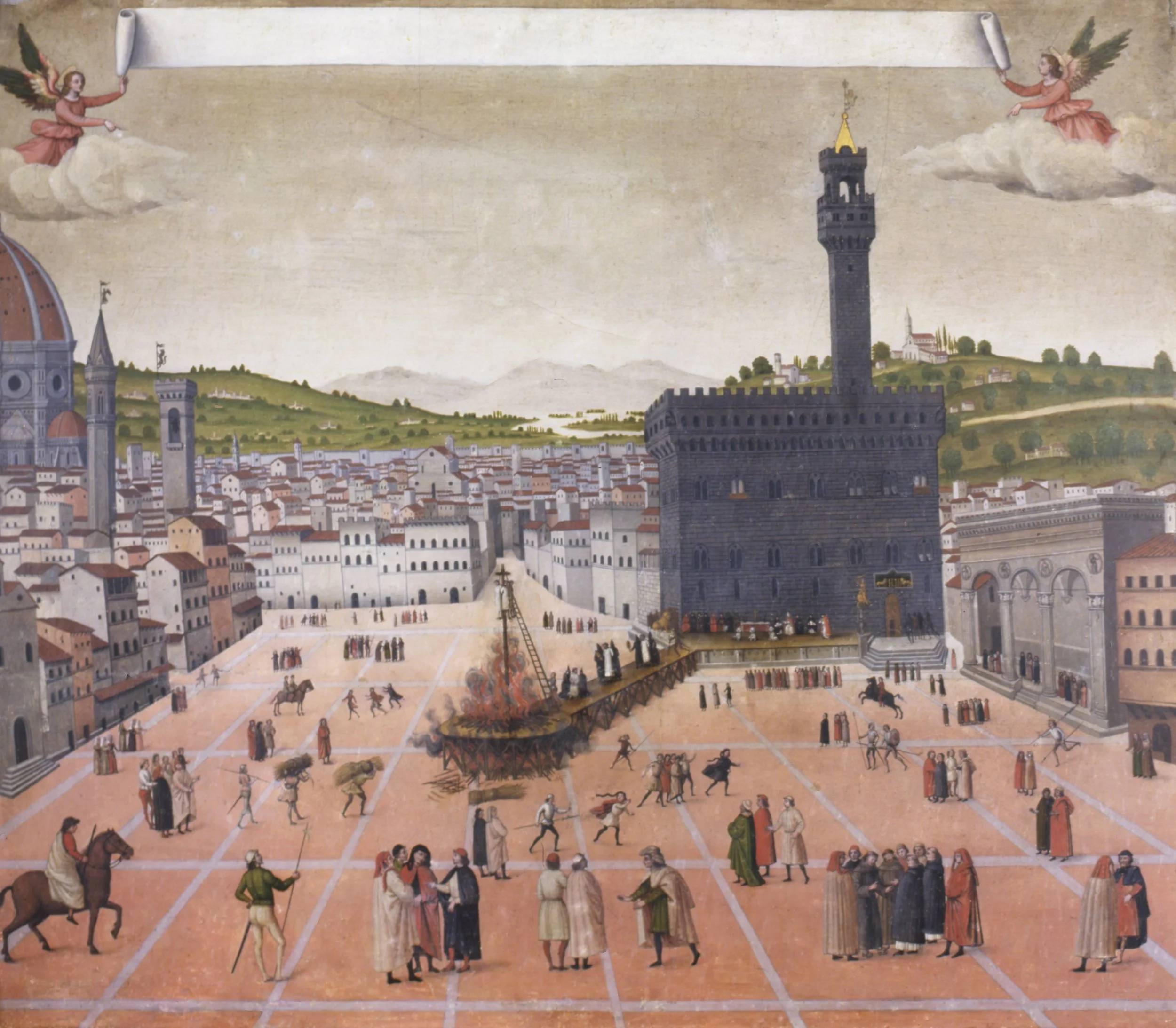 Florence's Piazza della Signoria with a burning platform, scattered crowds, and two angels holding scroll above