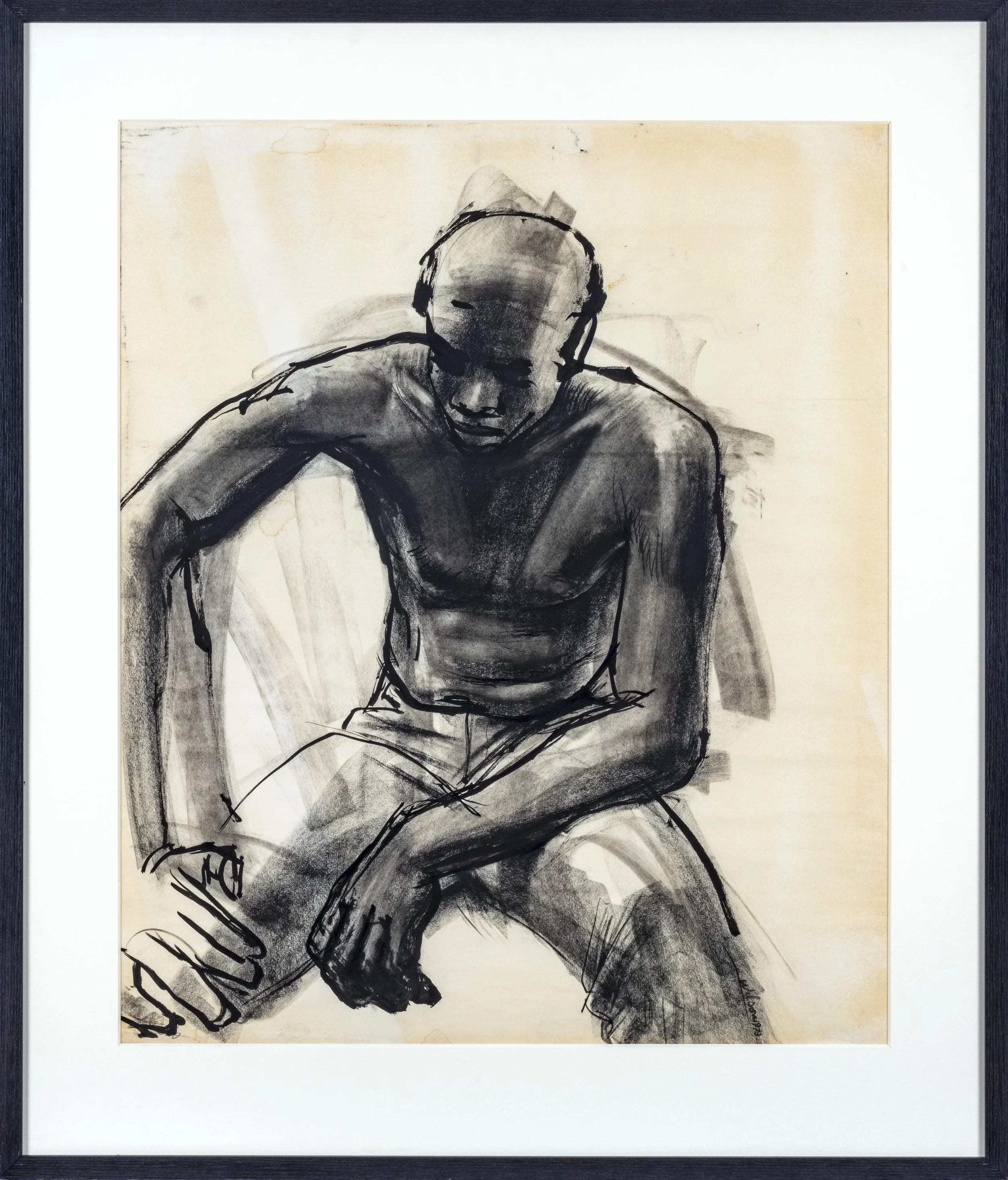 Sketch of a half-naked black man seated resting his hands on his legs