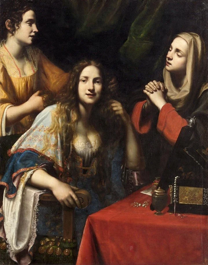 A young woman with lavish clothing gazing at the viewer in the middle against a dark green curtain with her female servant behind while another woman wears a dark dress and white veil raises her hands pleading.