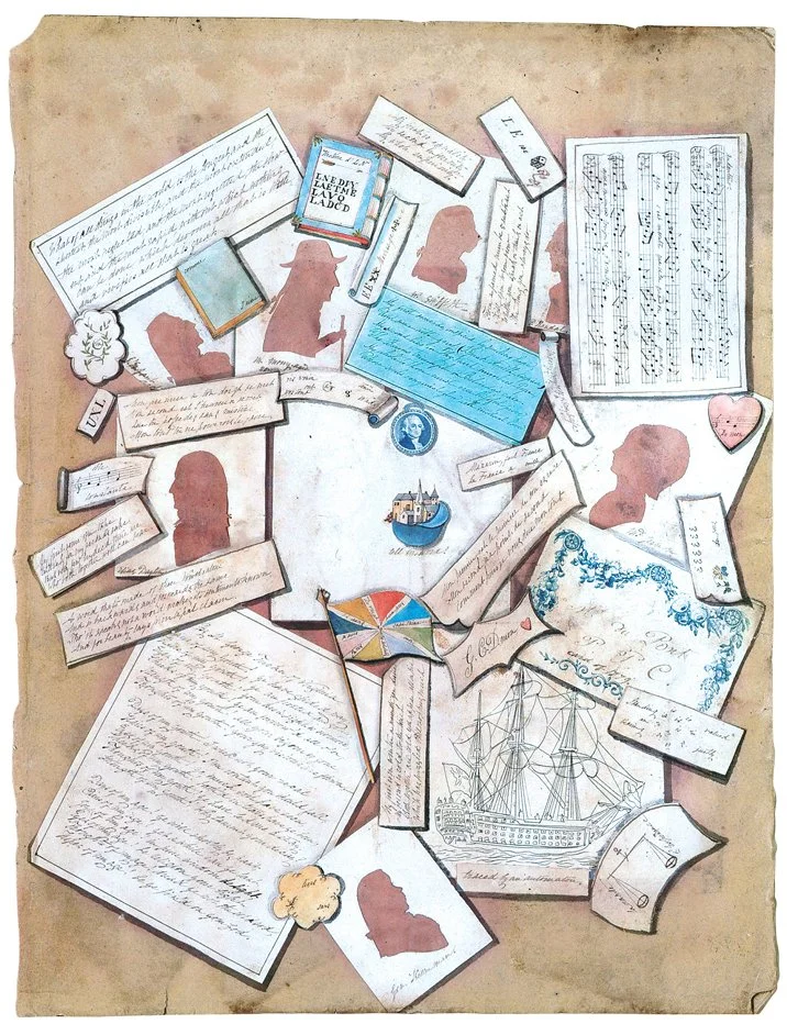 Collage with silhouettes of profiles and word puzzles