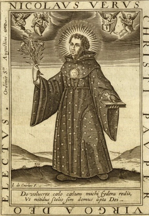 Man with halo wearing cloak holds crucifix and partridge on book  and angels fly above him