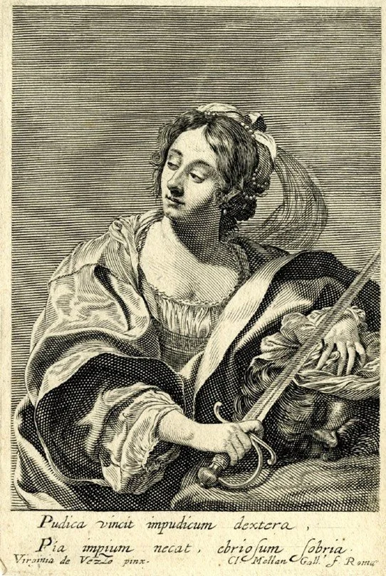 A black-and-white engraving of the young woman holding a sword in her right hand and the head of a man under her left hand.