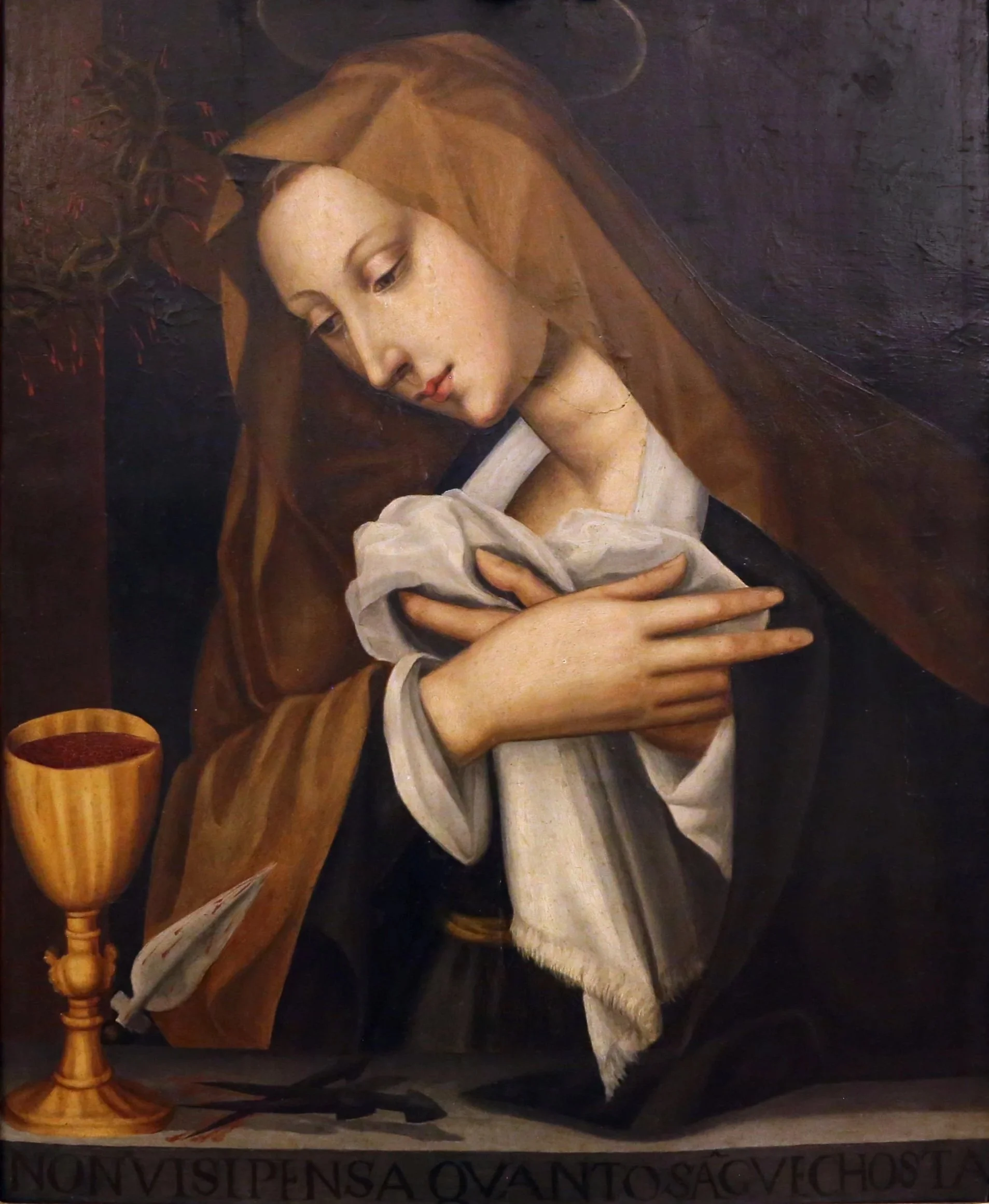 Bust-length depiction of a woman crossing her hands at her chest and gazing upon a chalice filled with wine.