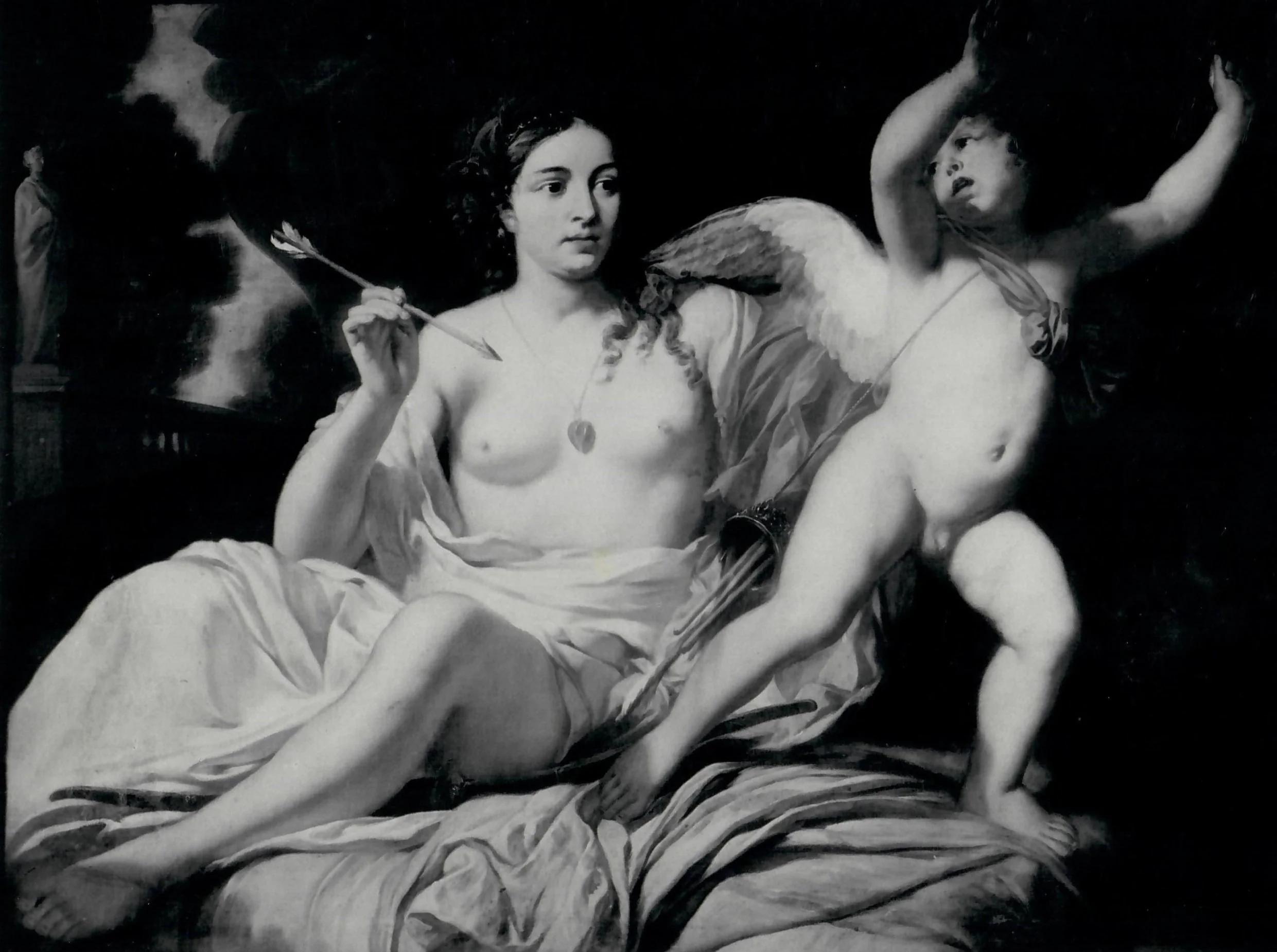 Framed painting of the goddess Venus chasing Cupid, who dashes to the right, with an arrow. Set in an outdoor landscape with an ancient sculpture in the background.