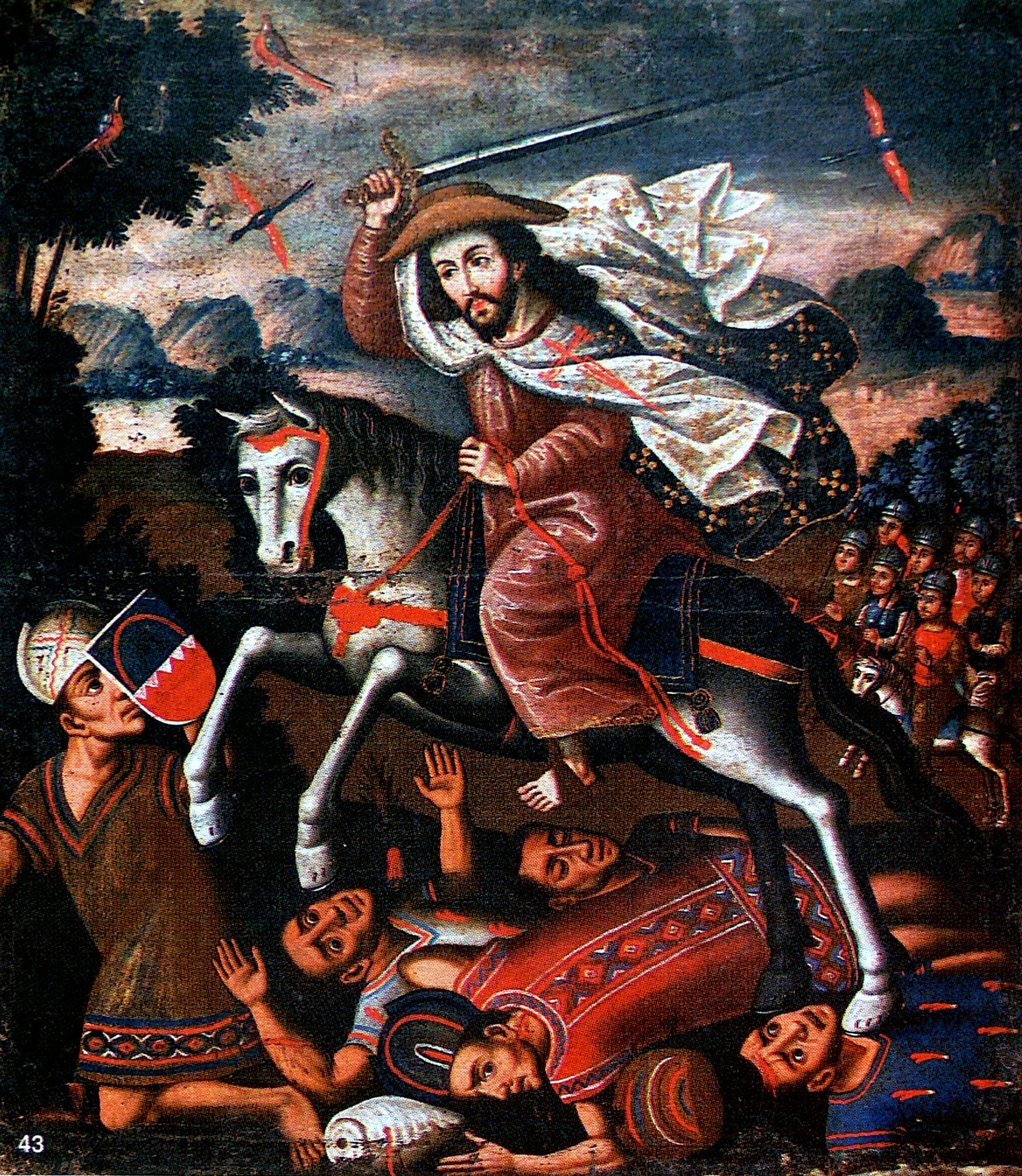 Saint riding horse with sword and banner trampling fallen figures below in battle scene against landscape