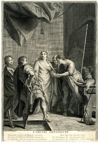Engraving depicts a woman wearing draped fabric surrounded by several figures and being painted