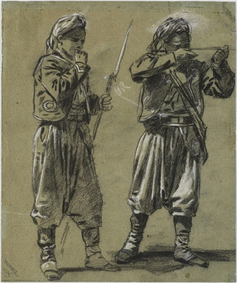 Sketch of two soldiers wearing tasseled caps, filigreed jackets, and baggy pants: one standing and holding musket with bayonet and the other aiming