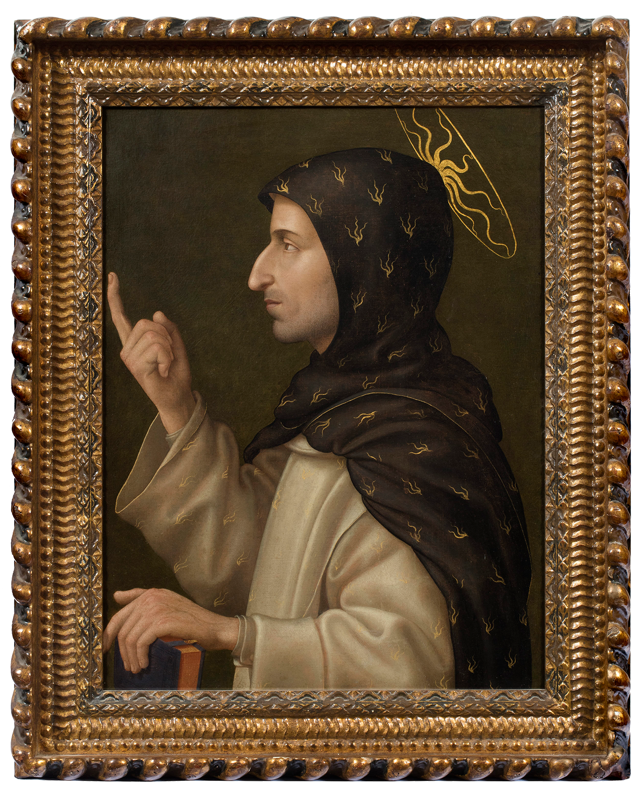 Man shown in profile wearing a black and white robe, holding a book and pointing towards the sky.