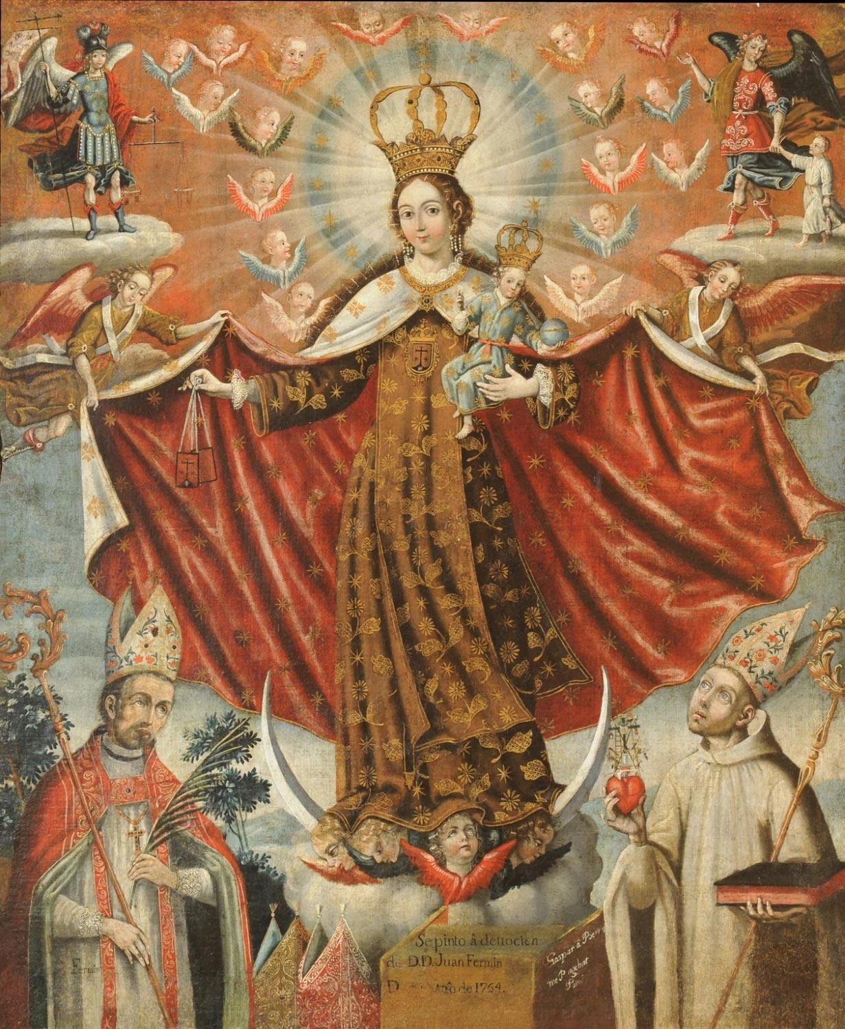 Virgin stands on a cloud and holds Christ child surrounded by angels while two bishops look up at her from underneath