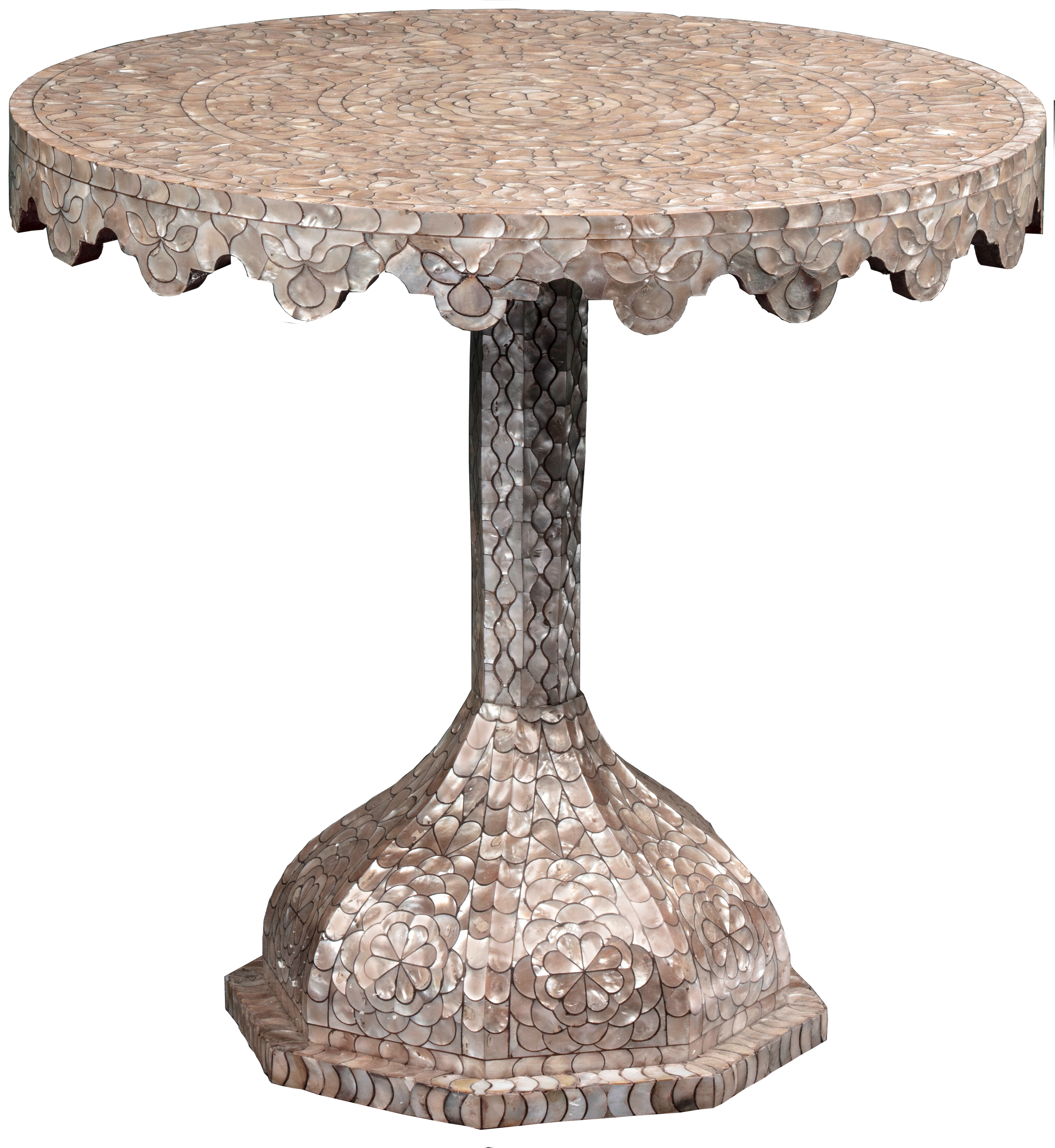 Round pedestal side table. Lateral view. Inlay mother-of-pearl.