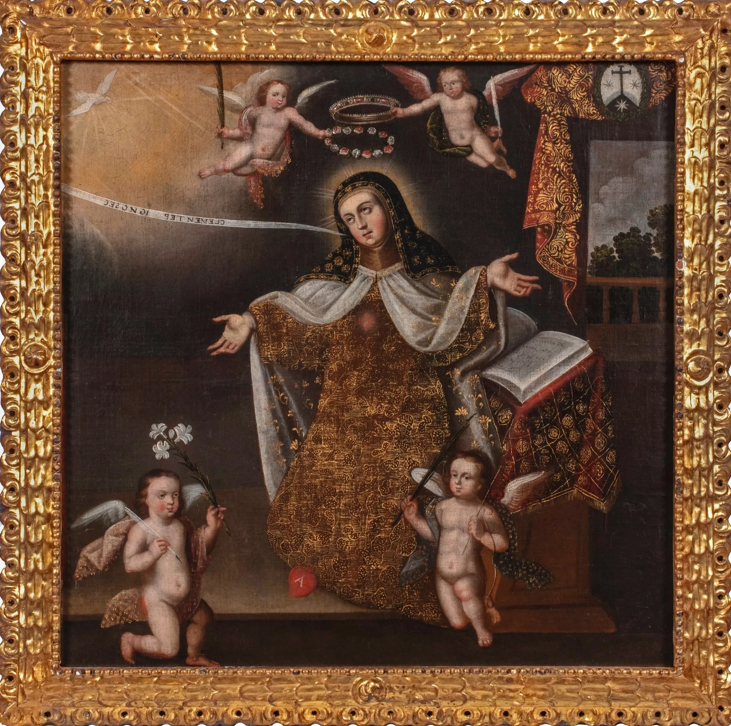 Ornate gold-framed painting of Saint Teresa wearing richly embroidered robe, with angels, open book, and a dove, against dark background with framed landscape