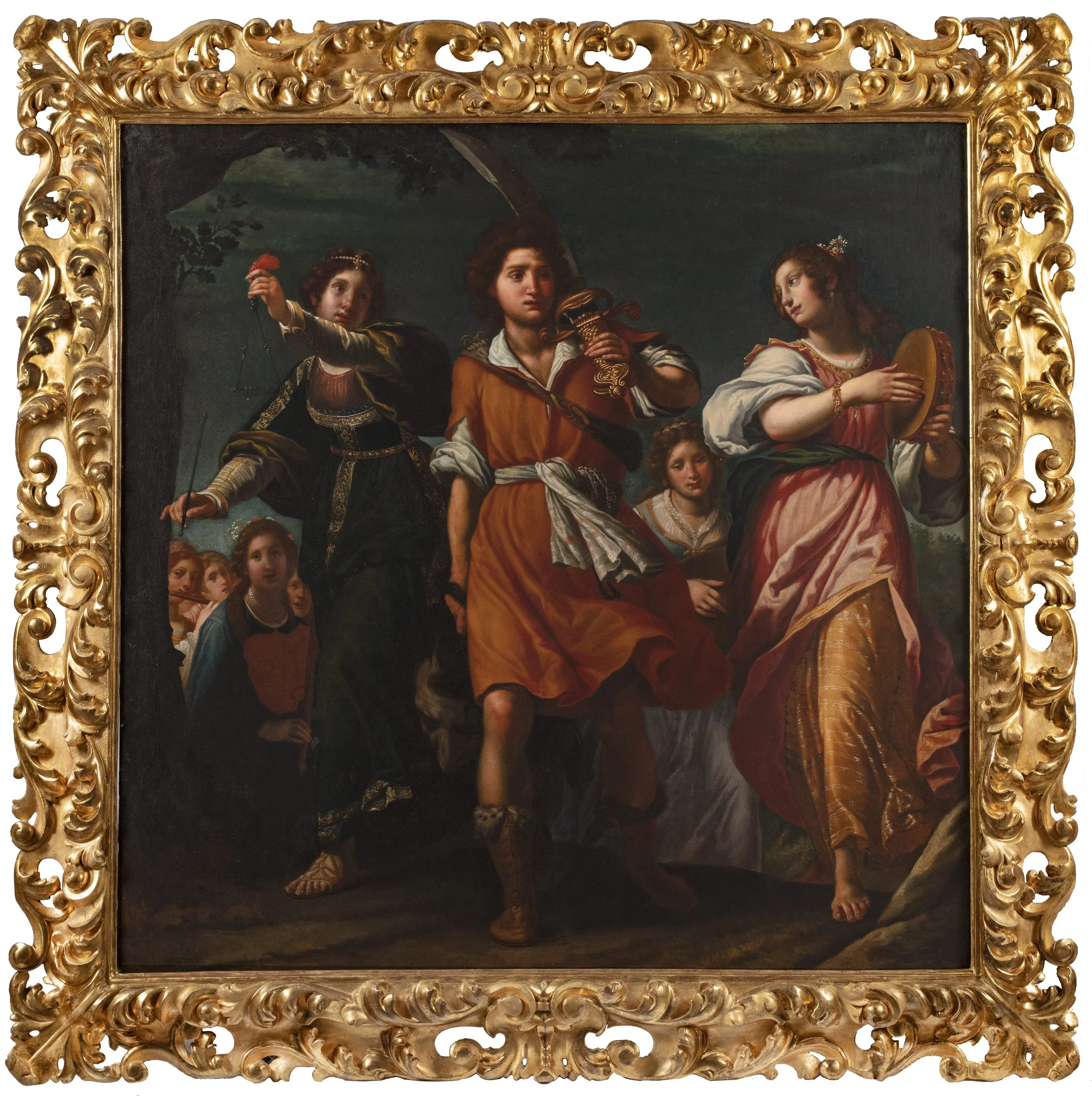 A young man holds a sword in the middle and two young woman flanking with music instruments with female attendants behind against a dark green background.