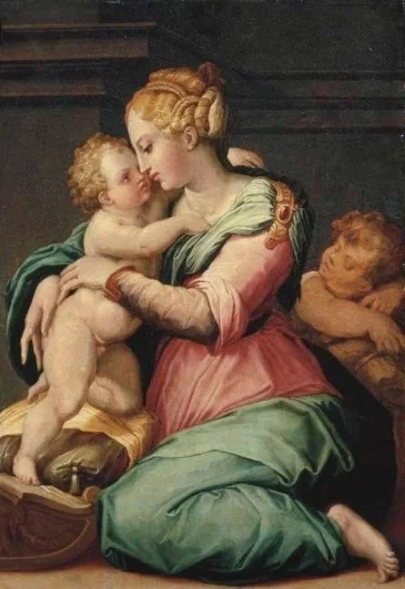A young woman with a pink and green robe kneels and holds a nude child while a young boy looks at them from behind against an architectural background.
