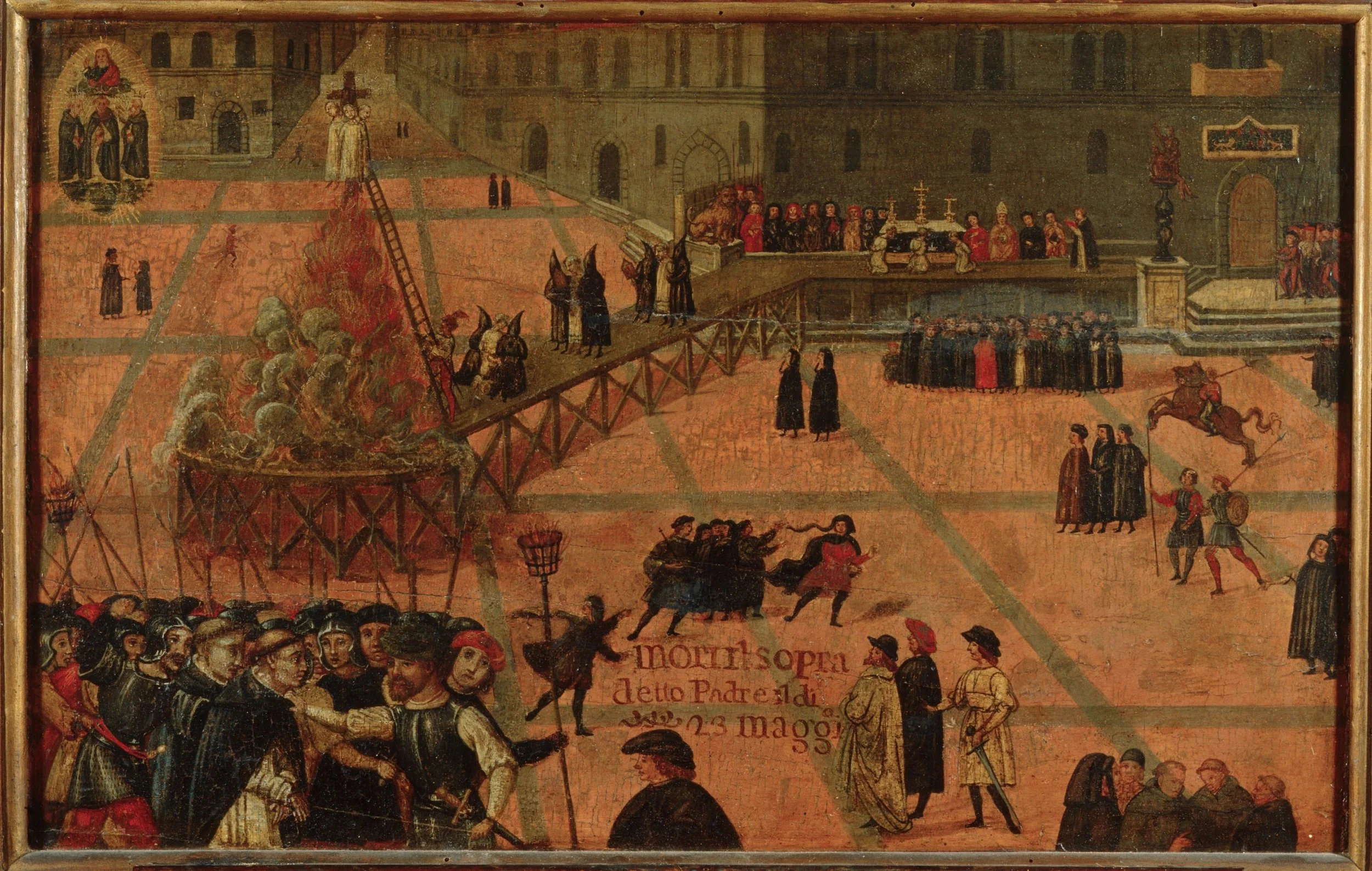 Crowd gather around a raised wooden platform and burning fire in Florence's Piazza della Signoria
