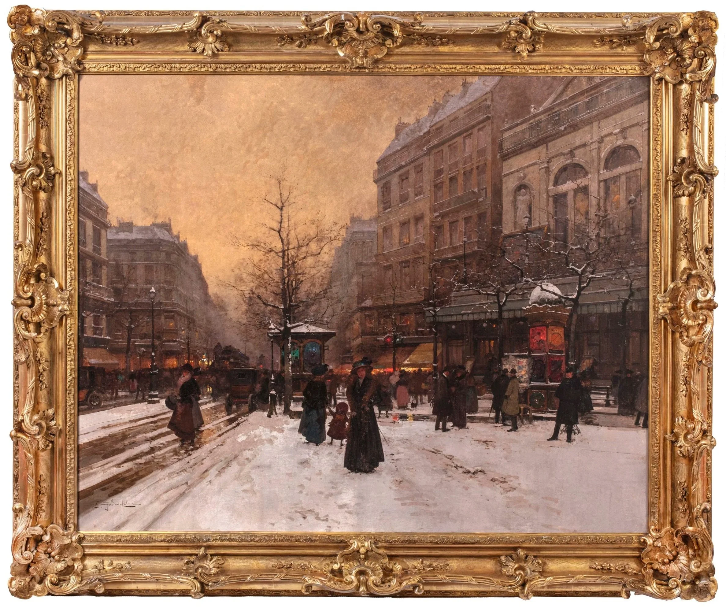 A snowy Paris street at dusk with pedestrians and horse-drawn carriages.