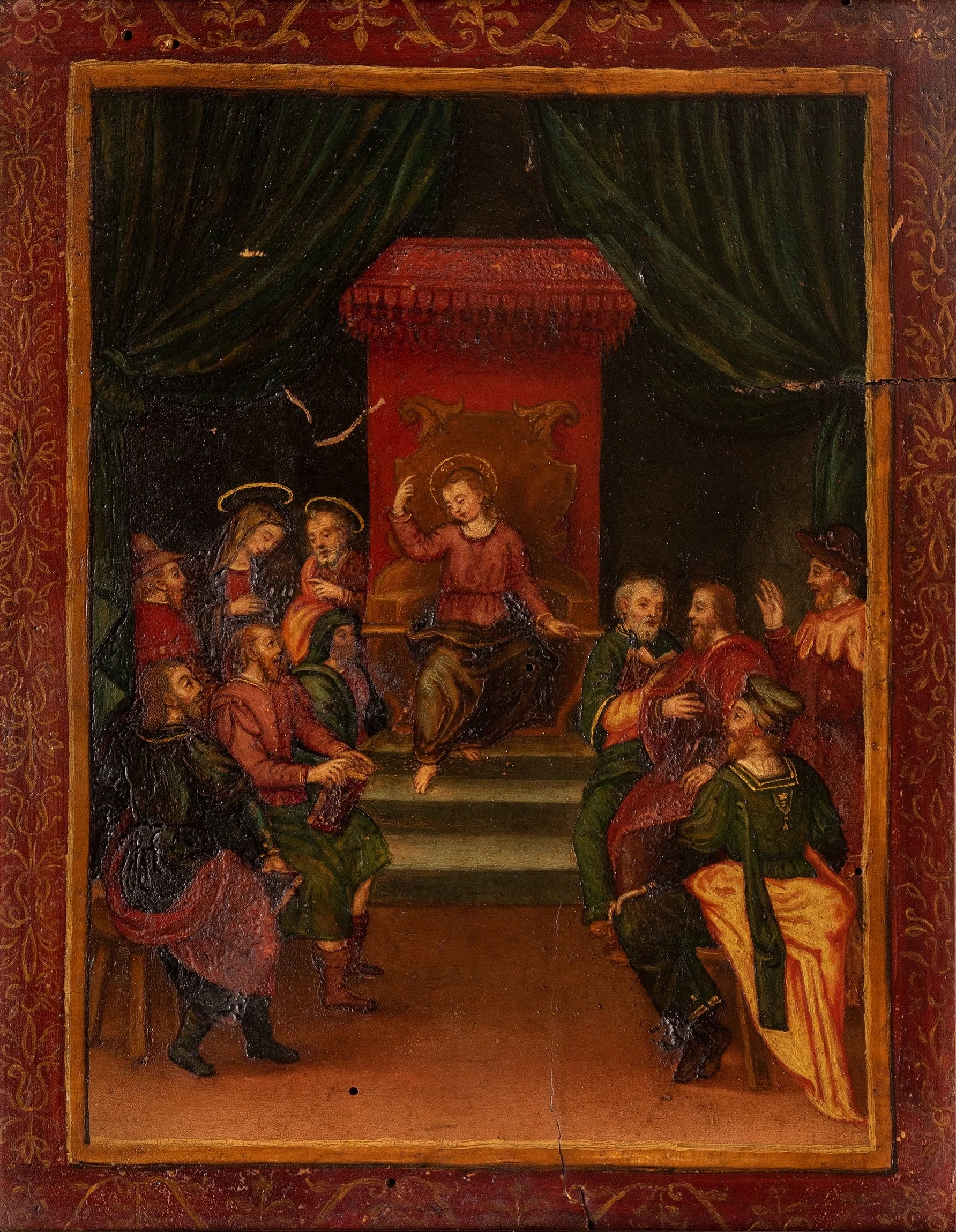 Young Christ seated above surrounding doctors against a dark interior with green curtains