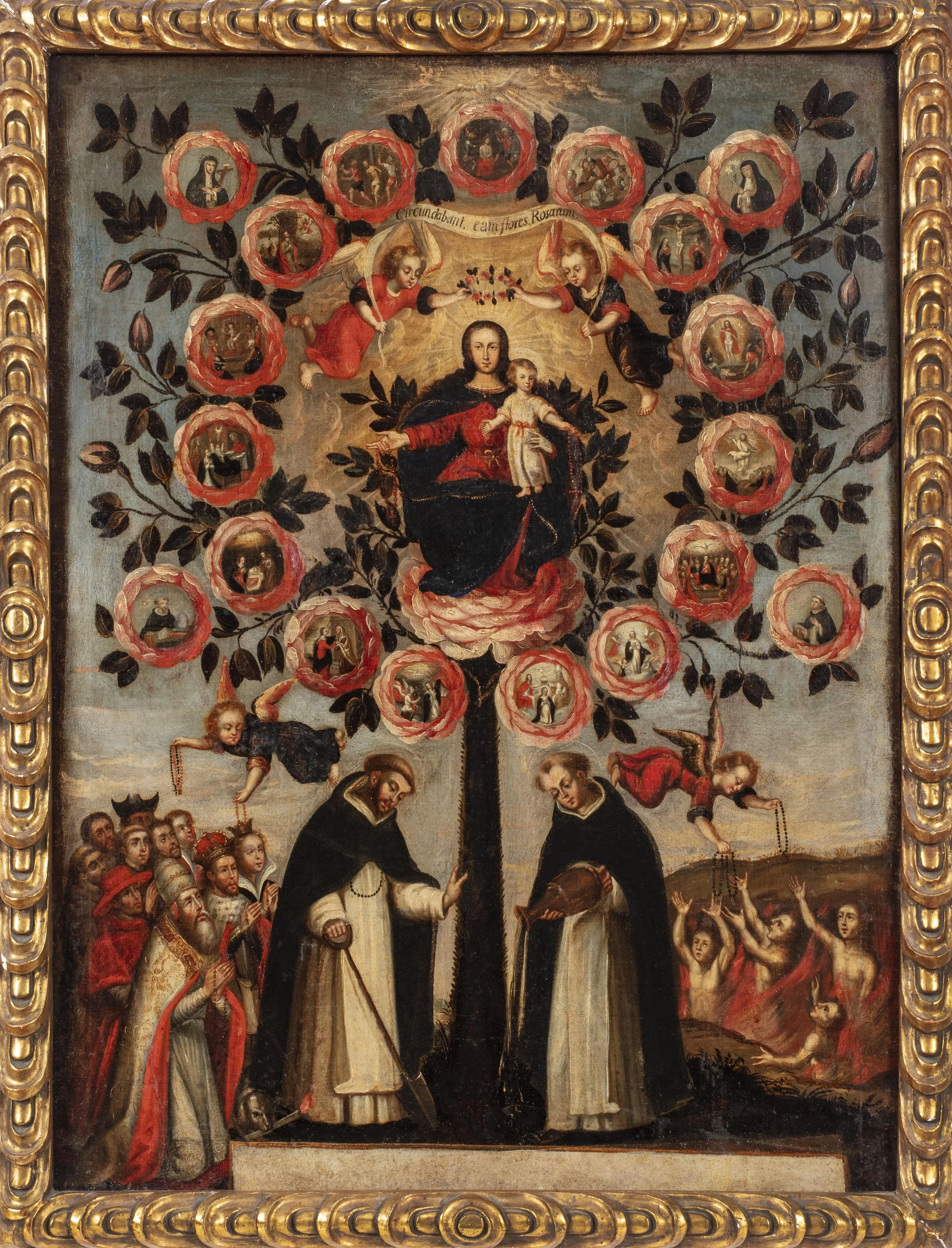 Two men wearing black cloaks plant and water rose tree where grows the image of Virgin and Child surrounded by biblical scenes and crowned by angels and angels hand out rosaries to people under the tree