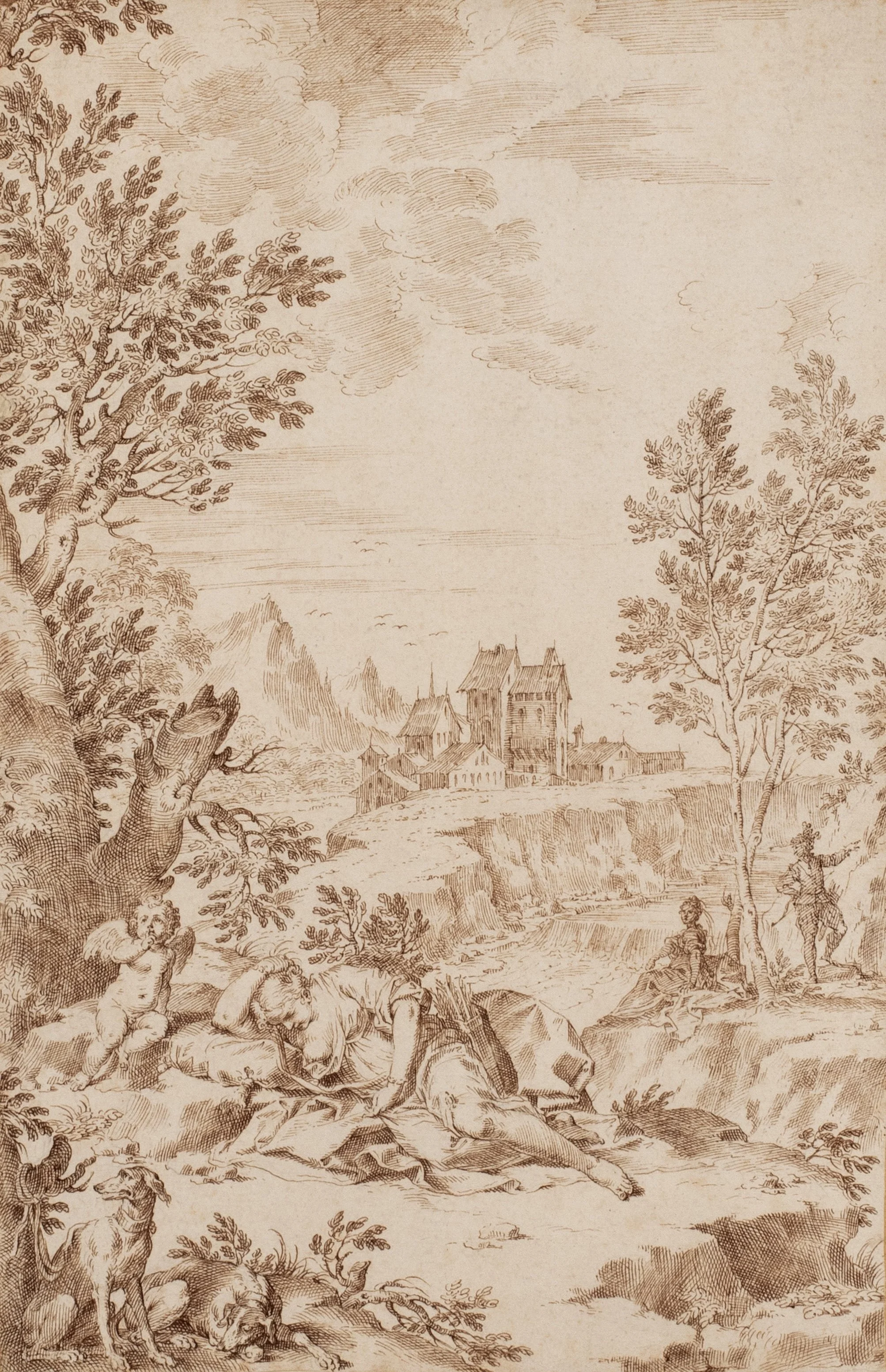 Ink drawing of a woman sleeping in a landscape with a town in the background.