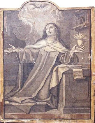 Engraving of Saint Teresa kneeling beside table, holding flaming heart underneath descending dove