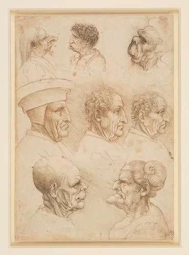 Sheet of pen and ink studies of various grotesque heads and caricatures.