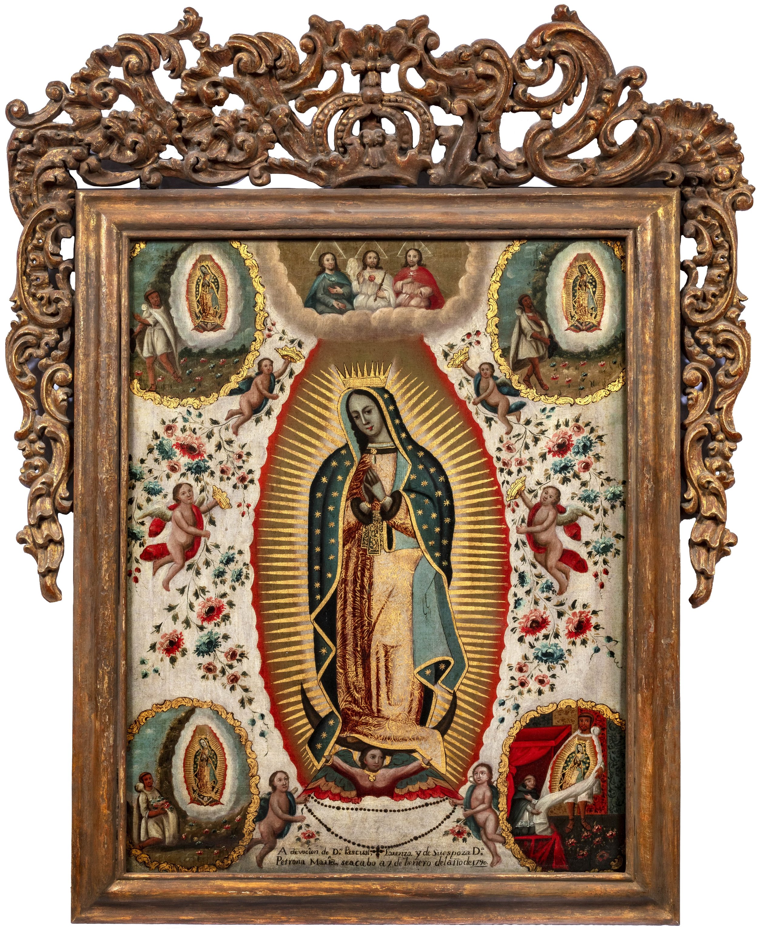 Ornate carved gold-framed painting of the Virgin of Guadalupe surrounded by angels, flowers, holy figures, and sacred scenes