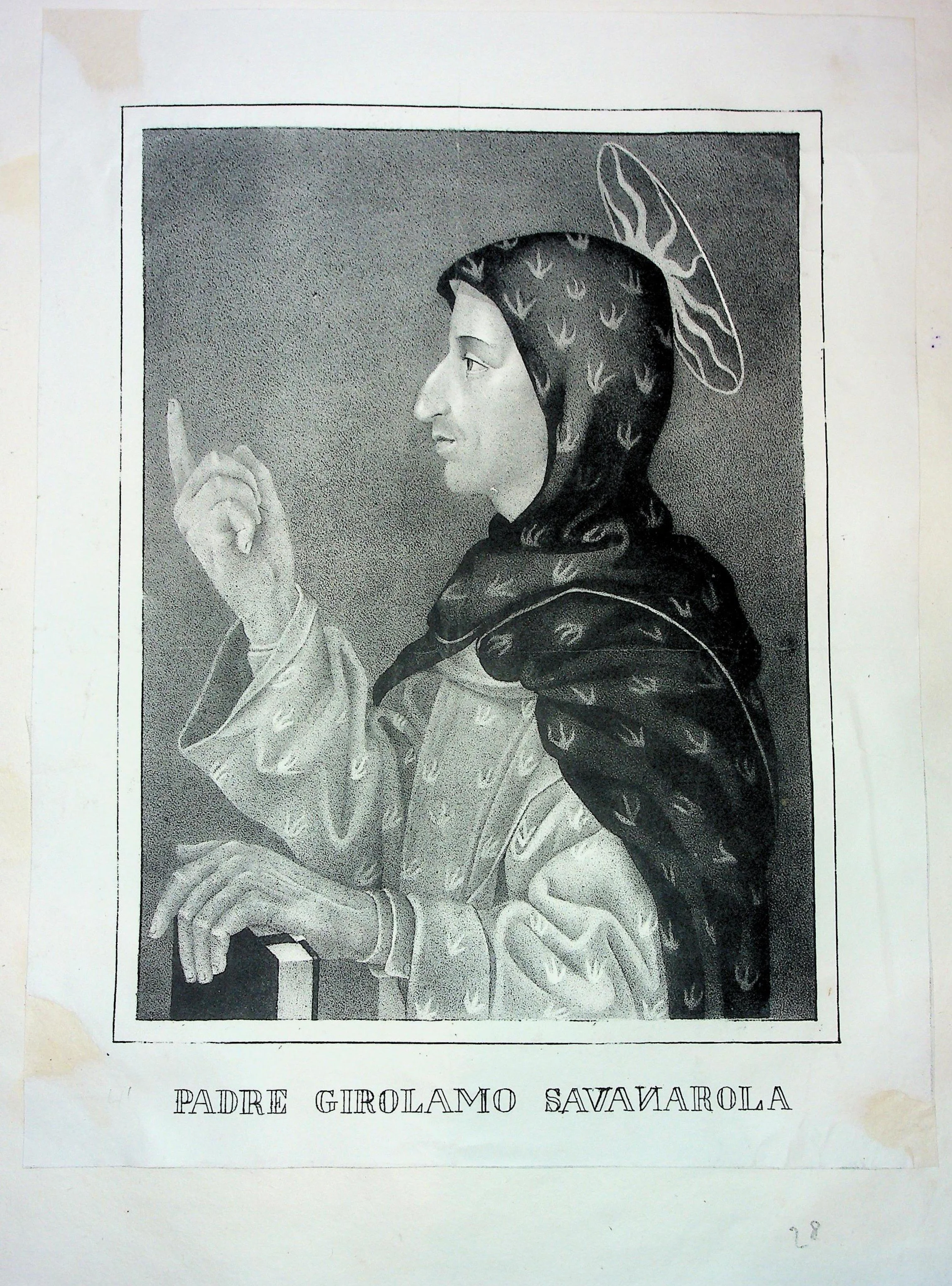 Engraved profile portrait of Savonarola with halo, raising his index finger