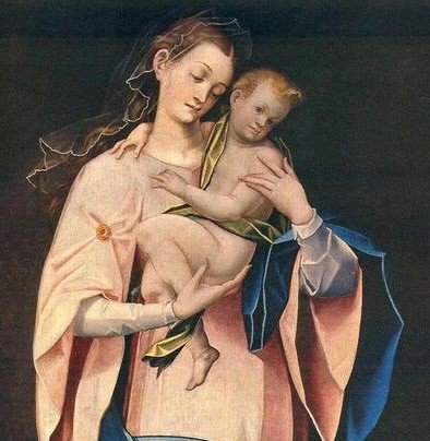 A young woman standing wears a pink and blue cloak and holds a nude baby against a black backrgound.