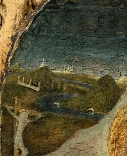 A distant view of a fortified village in gray and white with a river cutting across a natural landscape.