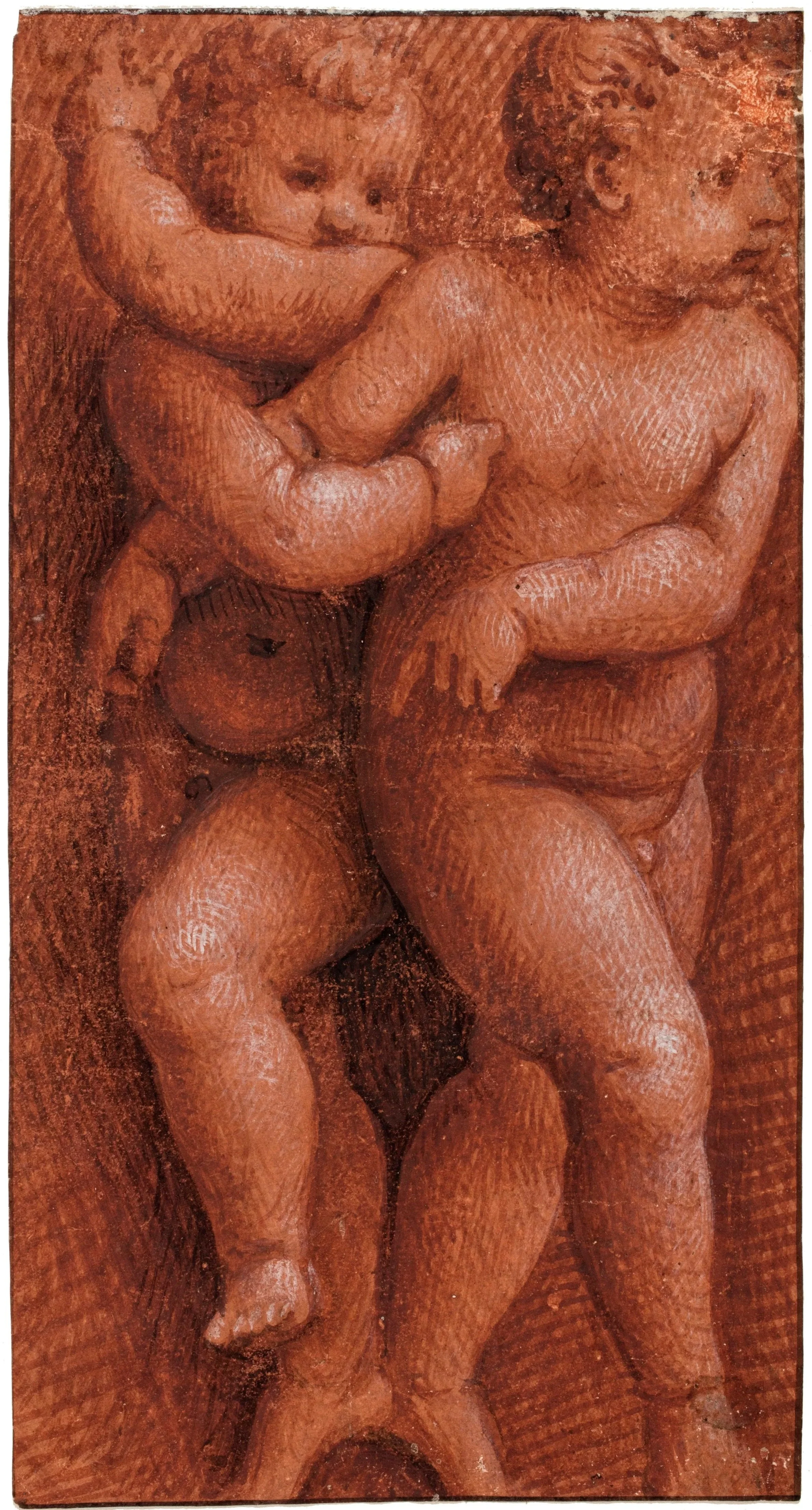 Two nude putti with interlocked arms.