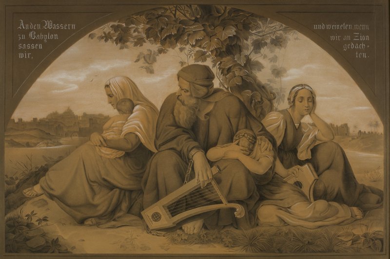 A mournful family sits by a river with a distant city, framed by the German inscription