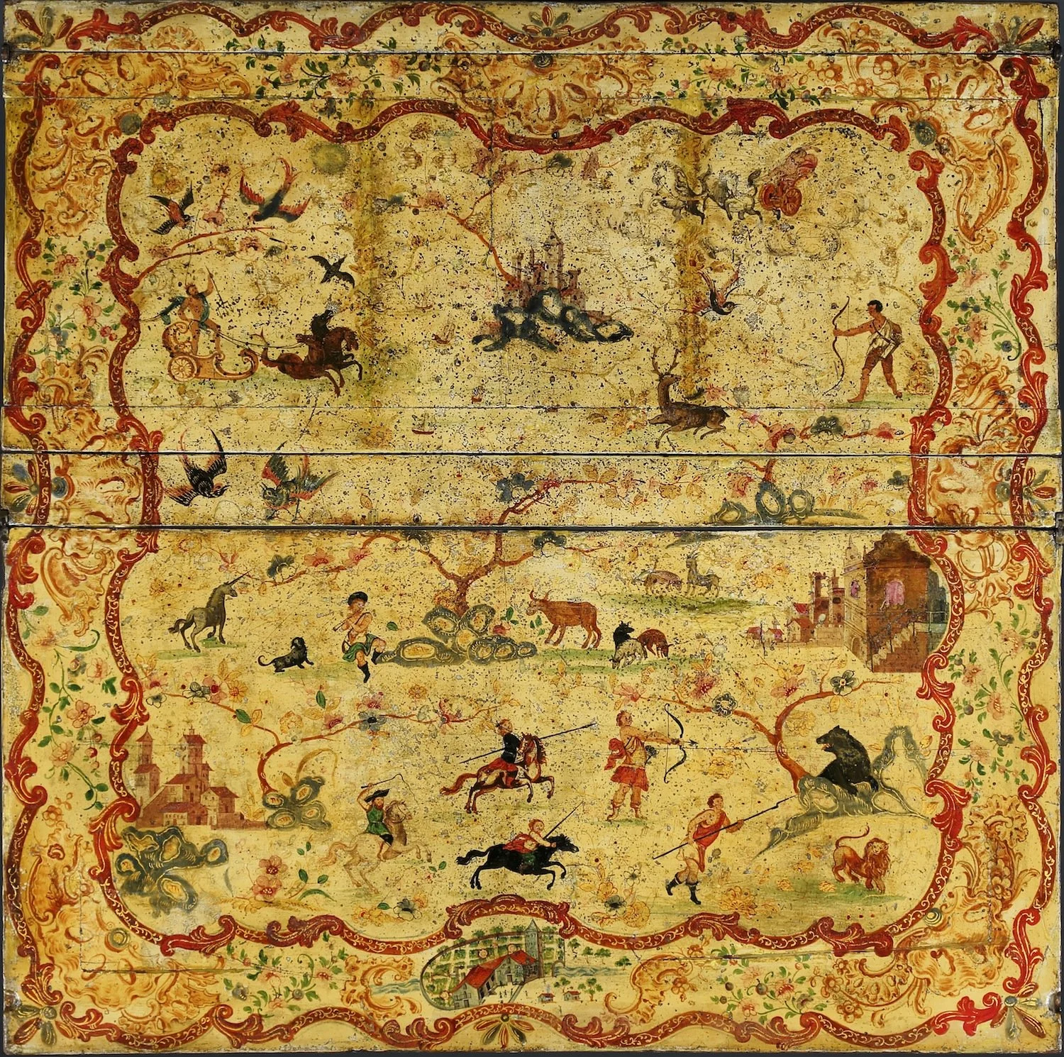 Painted tabletop of the present work depicting flora, fauna, architectural elements, and vignettes from classical antiquity